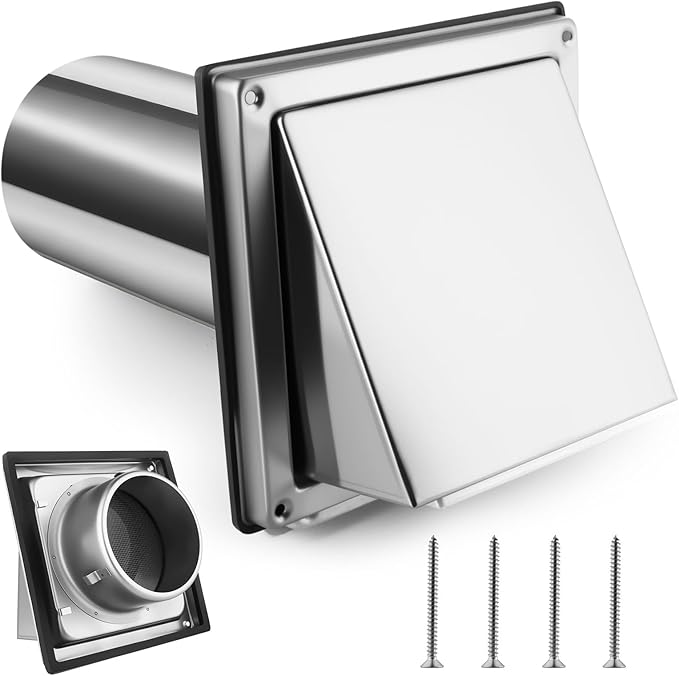 4" Dryer Vent Cover Outside with Stainless Steel Guard Metal Dryer Exhaust Vent Cap and Detachable Extended Pipe Vent Hood, Non-Return Flap with Sealing Gasket Grille, Easy Install