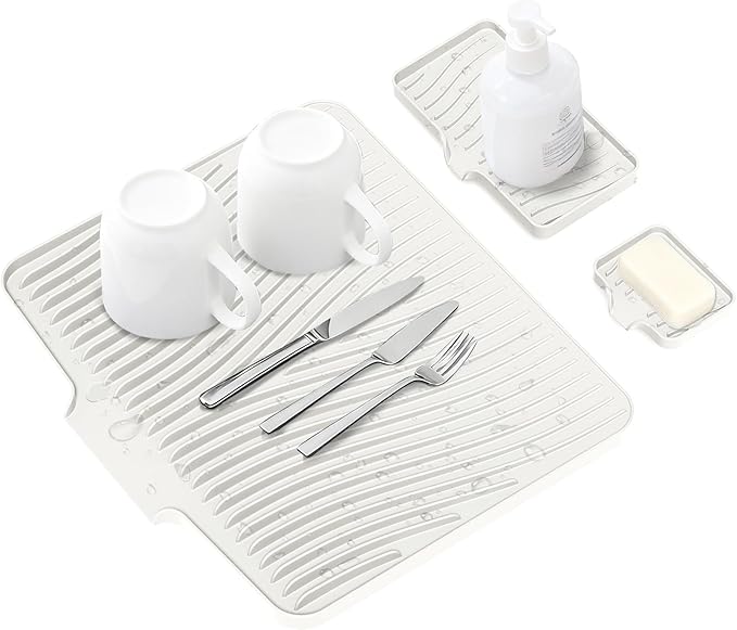 Silicone Dish Drying Mat for Kitchen Counter, Dish Drying Pad, Non-Slip Drain Pad with Built-in Drain, Heat Resistant Stone Drying Mat