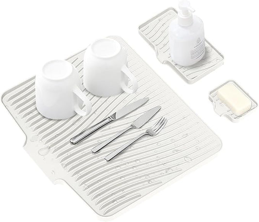 Silicone Dish Drying Mat for Kitchen Counter, Dish Drying Pad, Non-Slip Drain Pad with Built-in Drain, Heat Resistant Stone Drying Mat