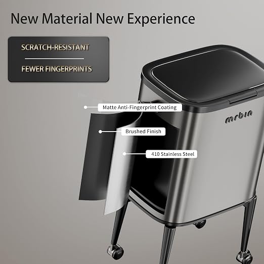 MRBIN Metal Kitchen Trash Can with Wheel Legs, 23L / 6.1gal Medium Press Lid Slim Removable Waste Basket, Pet Proof Tall Narrow Garbage Pail for Vanity, Bedroom, Bathroom, Living Room, Eclipse Grey