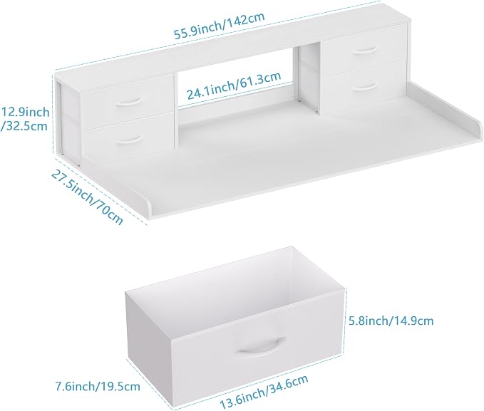 Unionly Washer and Dryer Countertop, 27.5“ D x 53.9“ W x 12.9“ H Solid Wood Washer and Dryer Countertop with Organizer Shelves with Four Drawers for Laundry Room Organization (White)