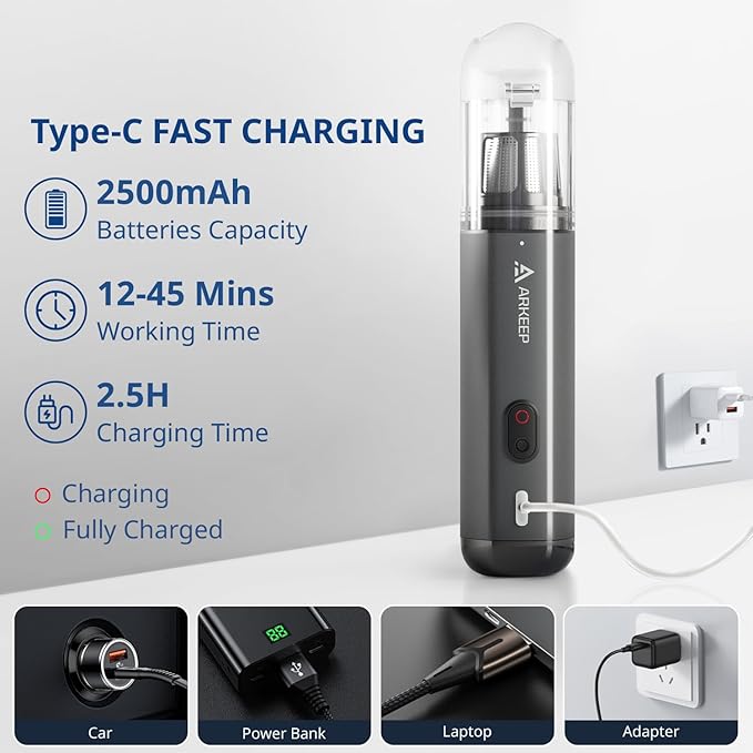 Car Vacuum 15KPa Handheld Vacuum Cordless, Portable Vacuum Cleaner with HEPA Filter, 2 Suction Modes, Type-C Charging, Lightweight Vacuum Cleaners for Home, Car,Office, Desk (Dark Gray)