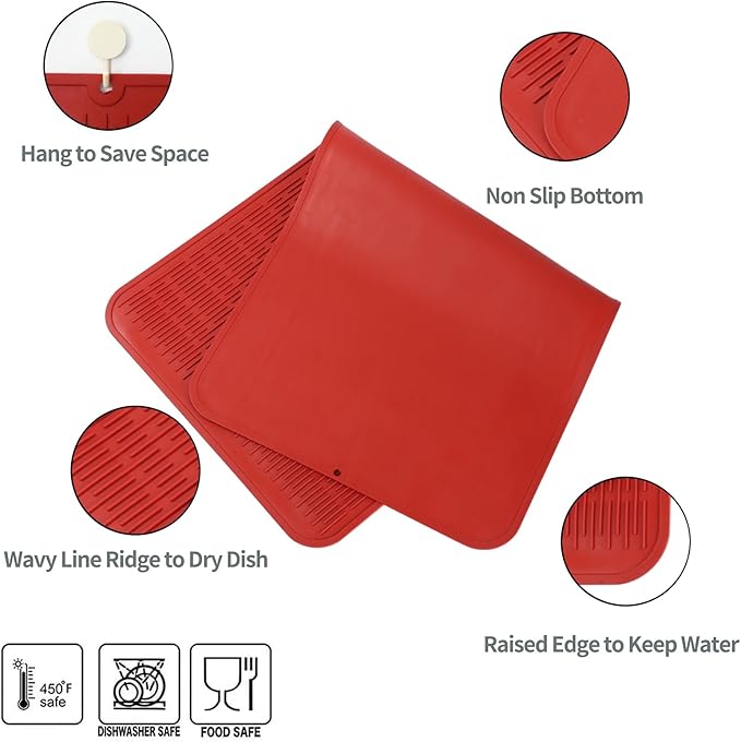 MicoYang Silicone Dish Drying Mat for Multiple Usage,Easy clean,Eco-friendly,Heat-resistant Silicone Mat for Kitchen Counter or Sink,Refrigerator or Drawer Liner Red 5XL 36inches x 18inches