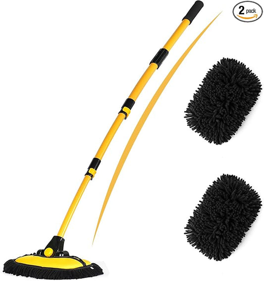 EVERRUSH 56.7" Car Wash Brush Mop Kit Microfiber Car Washing Sponge Mitt with Long Handle Car Cleaning Supplies Tools RV Washing Duster Exterior Scratch Free, Chenille Replacement Head Extension Pole