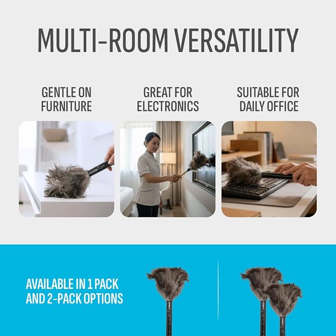 Retractable Feather Duster 8-14 in Adjustable - Natural Ostrich Feather Duster for Cleaning Ceiling Fans, Blinds, Plantation Shutters, Walls & Furniture - Quality Checked in USA - 2 Pack