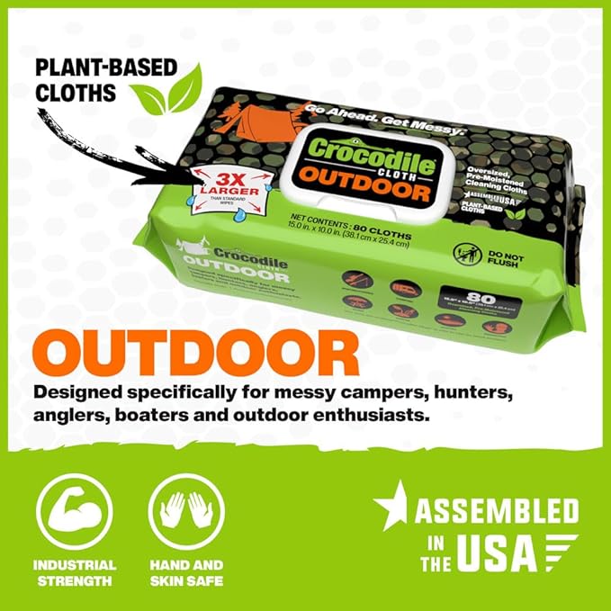 Crocodile Cloth Outdoor Cleaning Wipes, Plant-Based Multi-Surface Wipes, Pre-Moistened, Aloe & Vitamin E, Safe on Skin, 80 Count, 15 x 10 Inch