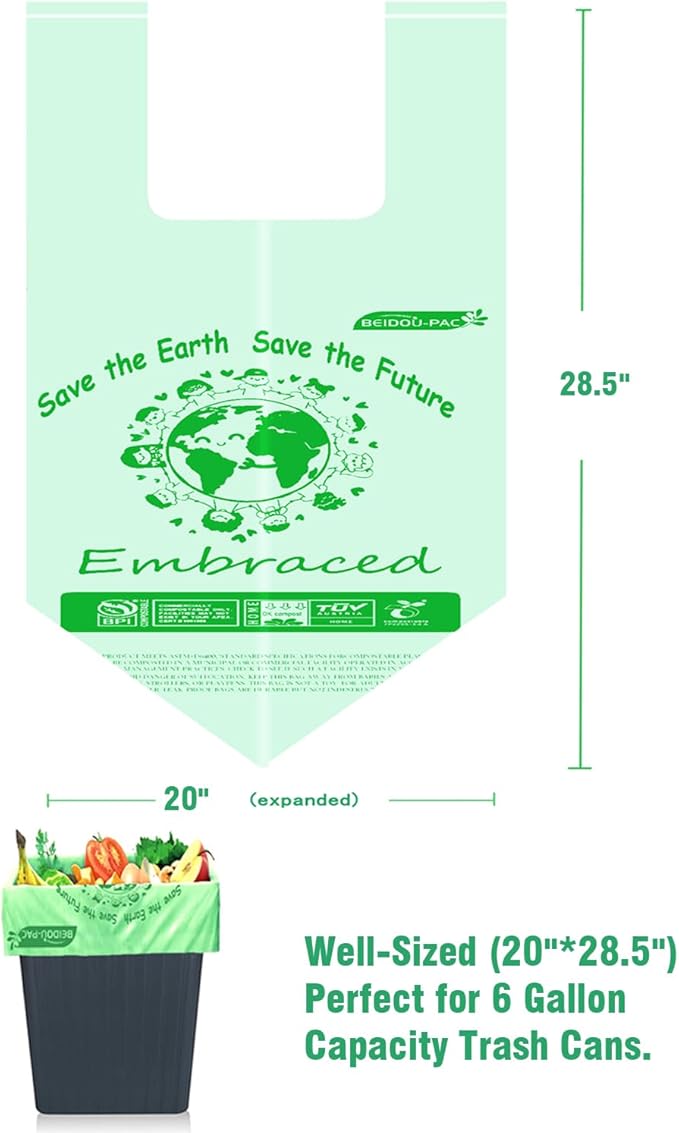 BEIDOU-PAC 4-6 Gallon Compostable Trash Bags, 150 Count - Kitchen Trash Bags with Handle, Sturdy Biodegradable Garbage Bags for Food Scrap Waste, ASTM D6400, US BPI Certified