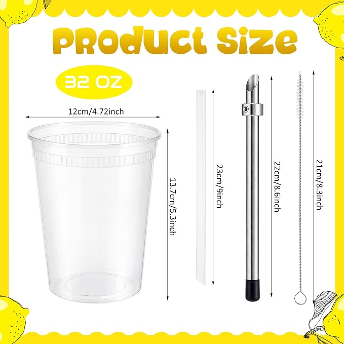 100 Set Lemonade Stand Supplies with Leak-proof 32oz Plastic Cups & Lids, Straws, Straw Hole Puncher - for Outdoor Drink Stall, Summer Party & Fast Food Business, Concession Business
