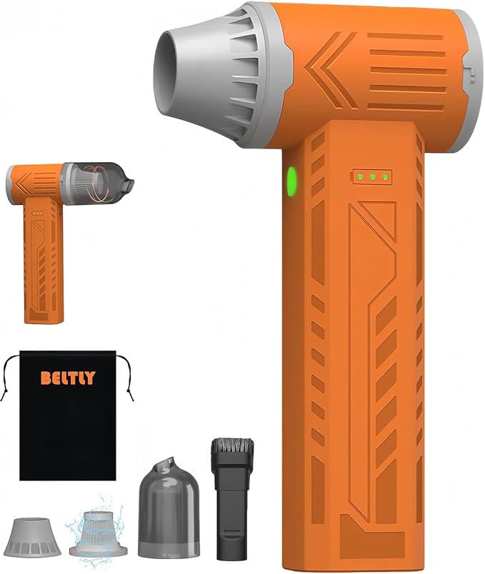 Tool-grade Electric Air Duster, Rechargeable Handheld Blower with 180,000 Super Power Brushless Motor, 2-in-1 Blow & Vacuum Cleaner, Cordless Leaf Blower for Car Drying, Home, Patio Cleaning (Orange)