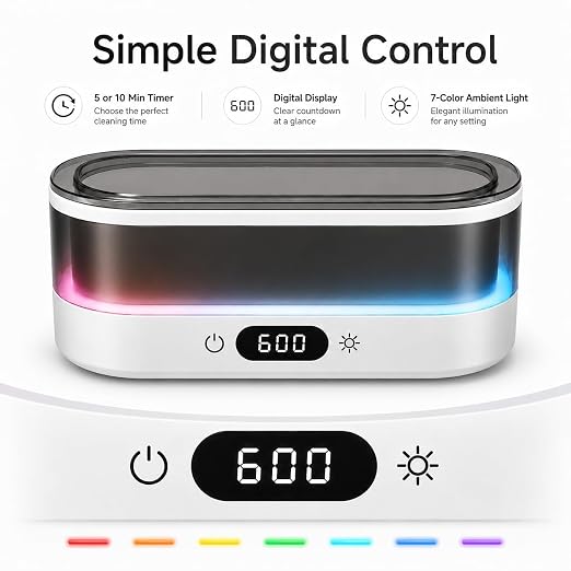 Ultrasonic Cleaner for Jewelry, Glasses & Retainers, 48kHz Sonic Cleaning Machine with 7-Color LED Ambient Light, Digital Timer, Quiet Deep Cleaner for Rings, Dentures & Watches（White）