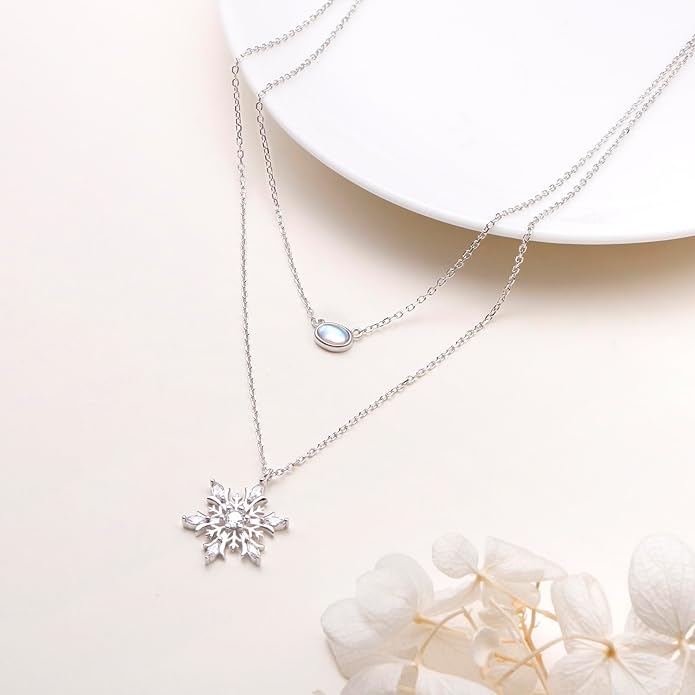 FLYOW Layered Choker Necklace S925 Sterling Silver Star Full Moon Daisy Flower Pendant Disc Jewelry Adjustable Clavicle Necklaces for Women Girls Birthday Gifts