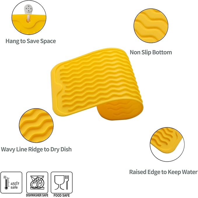 MicoYang Silicone Dish Drying Mat for Multiple Usage,Easy clean,Eco-friendly,Heat-resistant Silicone Mat for Kitchen Counter or Sink,Refrigerator or Drawer Liner Yellow S 12 inches x 6 inches