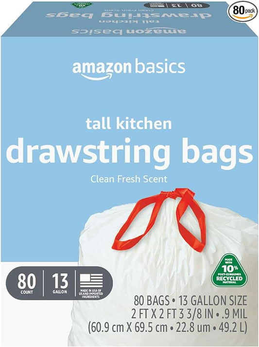 Amazon Basics 13 Gallon Tall Kitchen Drawstring Trash Bags, Clean Fresh Scent, 10% Post Consumer Recycled Material, 80 Count