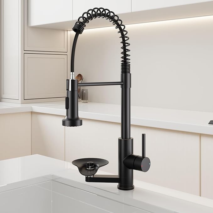 Kitchen Sink Pull Down Faucet with Cup Washer Single Handle Commercial Industrial Pull Out Spring Faucets with Glass Rinser fit 1 or 3 Hole for Farmhouse Camper Laundry Utility RV Wet Bar Matte Black
