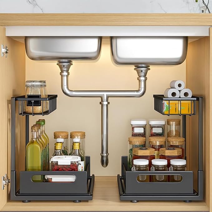 2-Tier Under Sink Organizer Rack – Adjustable Kitchen & Bathroom Storage Shelf with Sliding Baskets, Space Saver for Cleaning Supplies, Pantry, Spices, Toiletries – Heavy Duty Metal Organizer -1 PACK