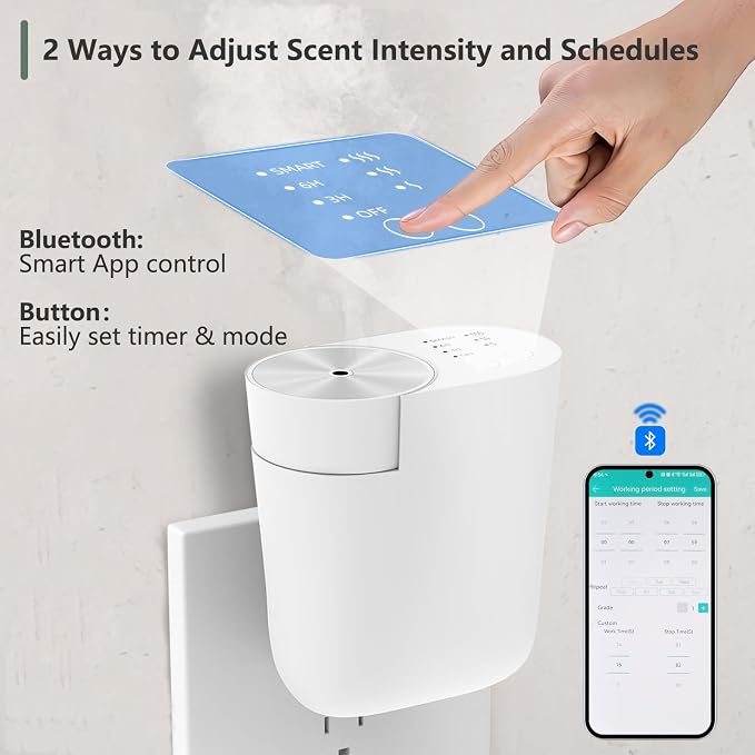 Plug-in wall Diffuser, Waterless Diffuser for Essential Oils, Portable Mini Home Scent Machine Up to 1,000 Sq.ft, Smart APP Control, Aromatherapy Kit with 100ml Oil & Refill Bottle, White