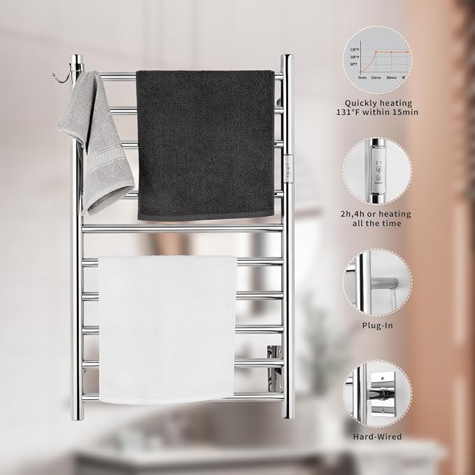 Wall Mounted Towel Warmer 10 Bars with Plug-in and Hardwired Options 3 Working Modes Brushed Stainless Steel 21” W 34” H