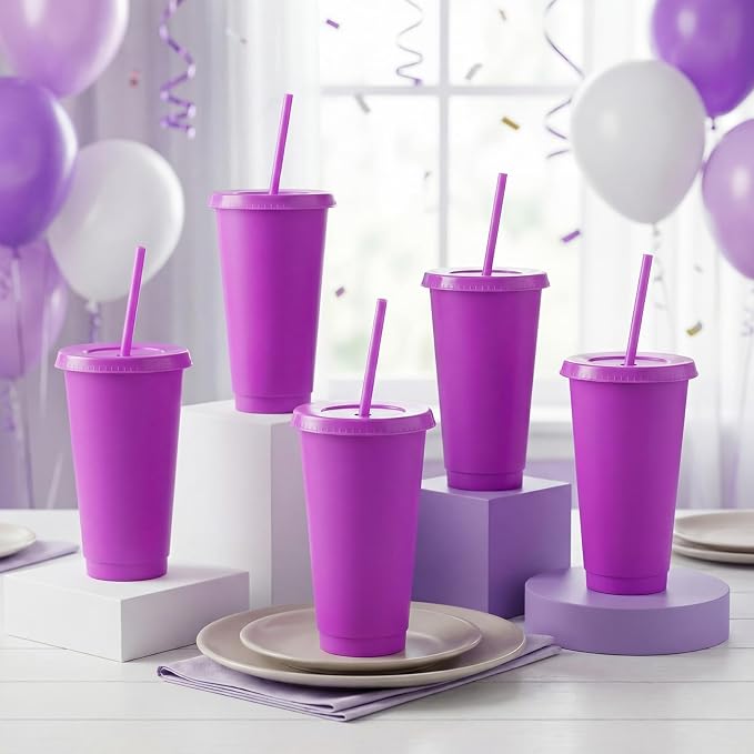 Honeydak 60 Pack Tumbler with Straw and Lid Bulk Cups for Gifts Water Bottle Iced Coffee Travel Mug Cup Reusable Plastic Tumblers for Party Birthdays 24-27 oz (Light Purple Color)