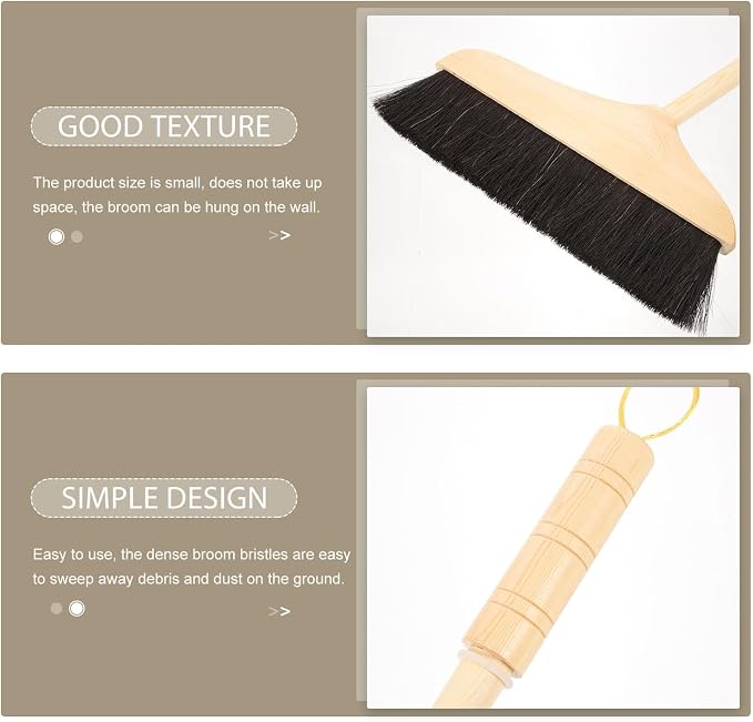 Wooden Handle Horsehair Broom, 90cm Soft Bristle Floor Sweeper for Wood, Linoleum, and Concrete, Anti-Static Indoor and Outdoor Broom, Ergonomic Long Handle
