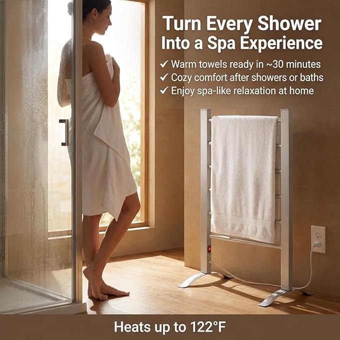 Pursonic TW300 Towel Warmer Rack for Bathroom – 6-Bar Electric Heated Towel Rack, Wall Mounted or Freestanding Setup, Plug-In Towel Dryer, Minimal Assembly Chrome-Plated