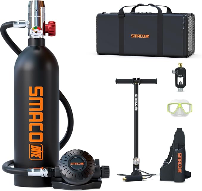 SMACO Mini Scuba Tank 1L Small Diving Tank for Underwater Breathing Portable Lung Air Tank Diving Oxygen Cylinder Kit for Emergency Rescue Boat Cleaning Backup Air Source Pony Bottle S400