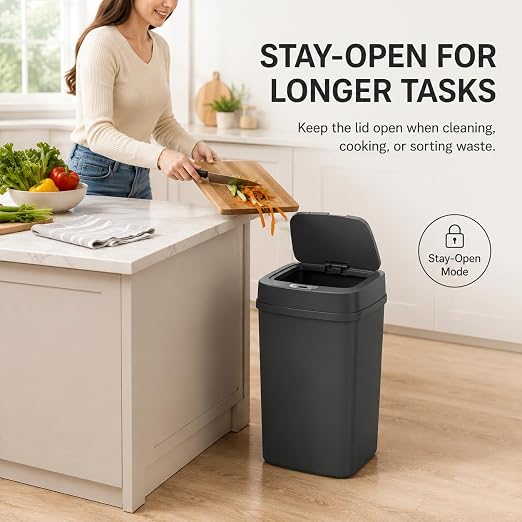 DZT-12-5S Smart Motion Sensor Trash Can 10.3 * 7.8 * 14.1inch | 0.3s Fast Opening, Auto Close & Touch-Free Operation for Home and Office (Black)