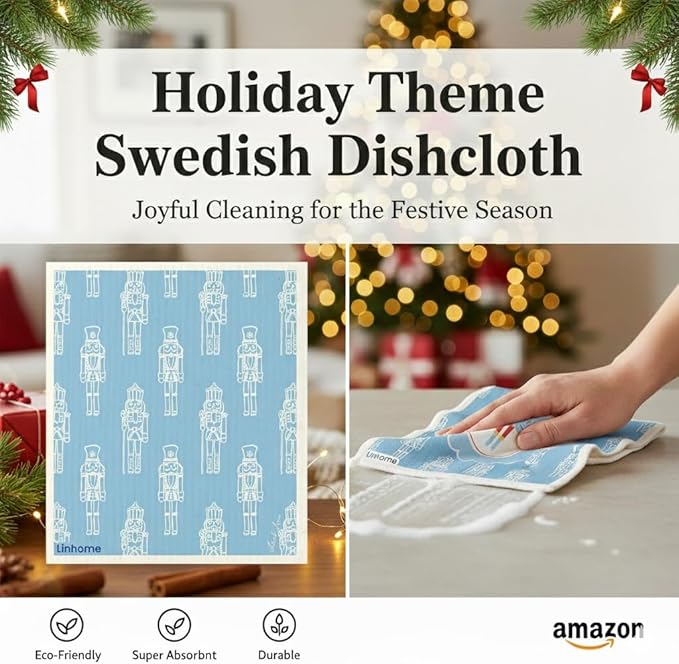 Christmas Holiday Swedish Dishcloth, Reusable Paper Towel, Super Absorbent Cellulose Sponge, Washable Kitchen Cleaning Cloth (Frosted Nutcrackers - 1 Pack)