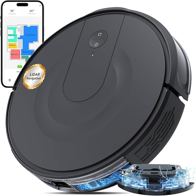 Robot Vacuum and Mop Combo, LiDAR Navigation, 9000Pa Suction Robotic Vacuum Cleaner – Ultra Slim Design, 200 Min Runtime, Auto Recharge, Customizable Cleaning for Pet Hair, Hard Floors