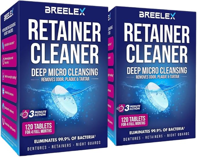 Breelex Retainer Cleaner Tablets - Pack of 2, 240 Tablets - Deep Stain Removal with Denture Cleaning Tabs - Gentle Night Guard Cleaner - Fits Retainer Case & Denture Case