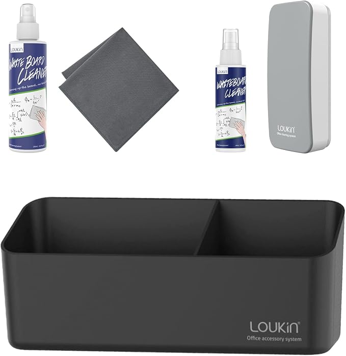 loukin Whiteboard Accessories Bundle | Non-toxic Whiteboard Cleaner Kit (8.5 fl oz) Magnetic and Adhesive Marker Holder (Black) Magnetic Dry Erase Eraser (Gray)