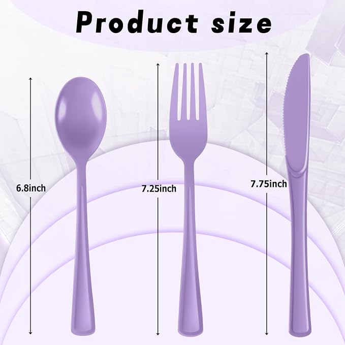 Plastic Silverware 150 PCS Disposable Silverware Heavy Duty Utensil Sets 50 Of Each Forks Knives & Spoons Disposable Cutlery Set For Easter,Birthday,Baby Shower,Garden Party,Wedding(150,Lavender)