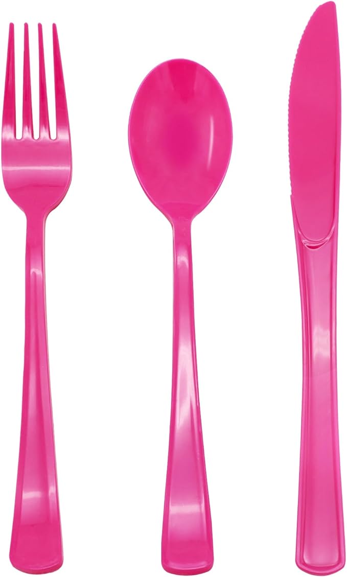 150 Pcs Hot Pink Plastic Silverware Hot Pink Plastic Utensils Heavy Duty - 50 Forks, 50 Knives, 50 Spoons for Valentine's Day,Birthday Bachelorette Wedding Bridal Shower