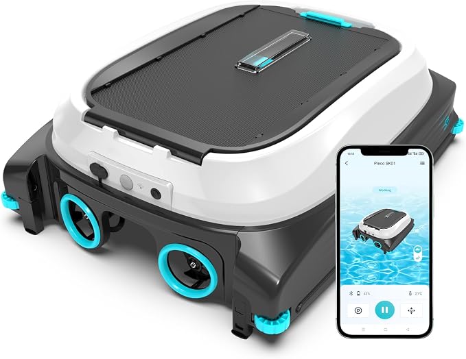 Pleco SK01 Solar Powered Pool Skimmer Robot with APP, Auto Surface Cleaning, 24/7 Cleaning, Dual Charging Modes, Obstacle Avoidance, Large Filter, Ideal for Most Pool Surfaces(Obsidian & Ivory)