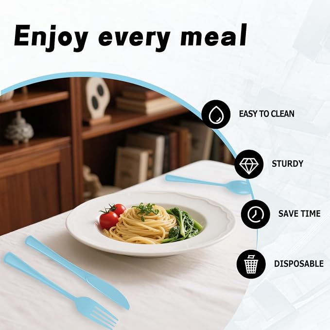 Plastic Silverware 300 PCS Disposable Silverware Heavy Duty Utensil Sets 100 Of Each Forks Knives & Spoons Disposable Cutlery Set For Easter,Birthday,Baby Shower,Garden Party,Wedding(300,Light Blue)