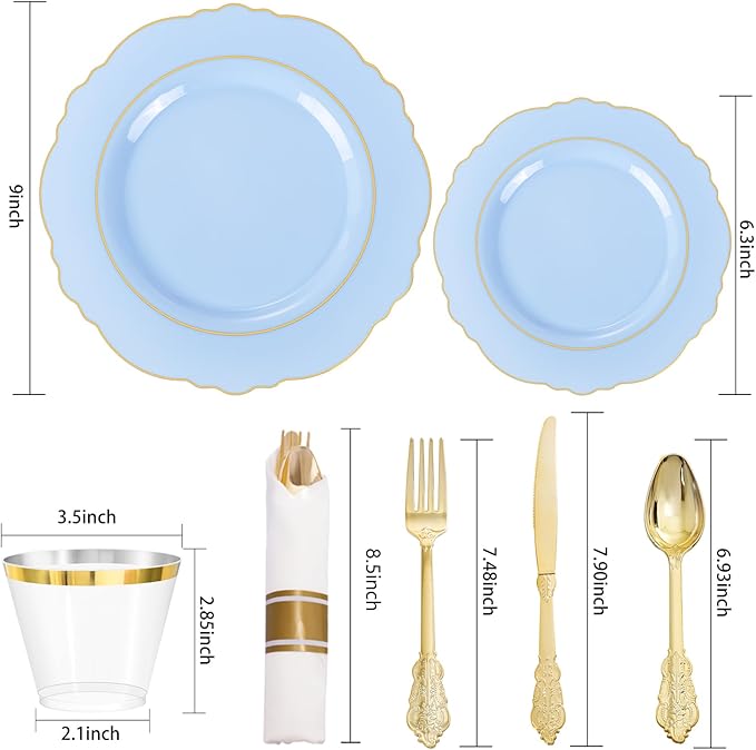 Liacere 350PCS Blue Plastic Plates - Disposable Blue and Gold Plates 50guest Baroque Plastic Dinnerware include 100Plates, 50Pack Pre Rolled Napkins with Silverware 50Cups for Wedding&Party