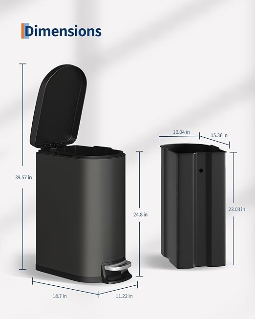 Garvee 13 gal / 50 L Metal Kitchen Trash Can with Lid, Slim Rustproof Garbage Can, Large Step-on Trash Bin with Inner Bucket, Rear Handle, Soft Close Lid, Black