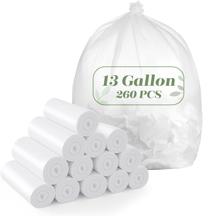 Jaoul Garbage Bags 13 Gallon Tall Kitchen, Extra Strong Kitchen Trash Bags, 0.97 Mil Thicken Garbage Bags, Large Lawn Trash Can Liners Unscented (White, 260 Counts)