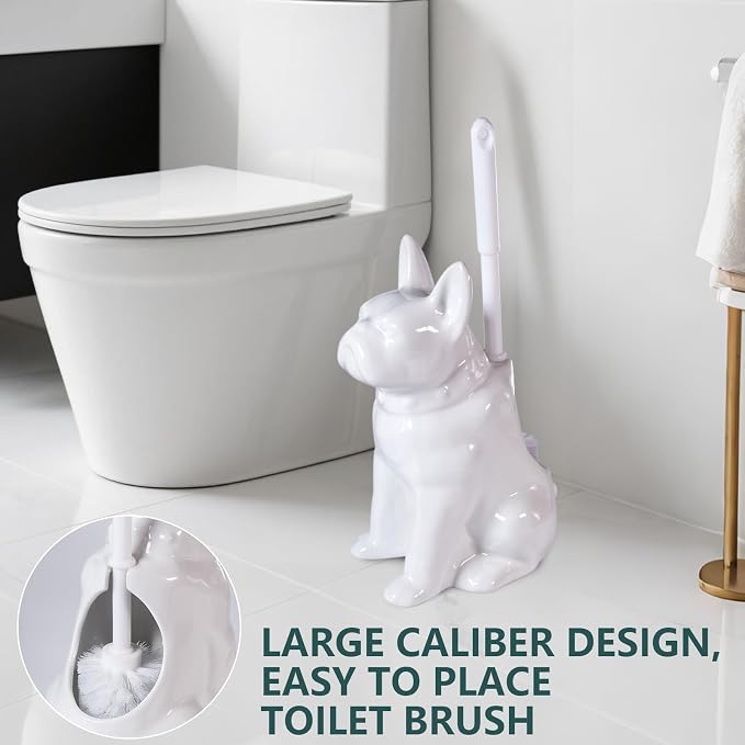 Toilet Brush Holder Set for Bathroom Cute Dog Base Solidly Toilet Bowl Brush Holder and Decorative Bathroom Ceramic Cleaning Kit with Brush and Holder (White)
