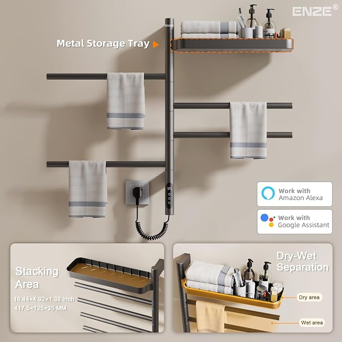 ENZE Smart Rotating Heated Towel Rack for Bathroom, 4-Bar Wall-Mounted Electric Towel Warmer with Swivel Shelf, Wi-Fi App Control, 24H Timer, Stainless Steel, IPX5, Hardwired/Plug-in, Gray