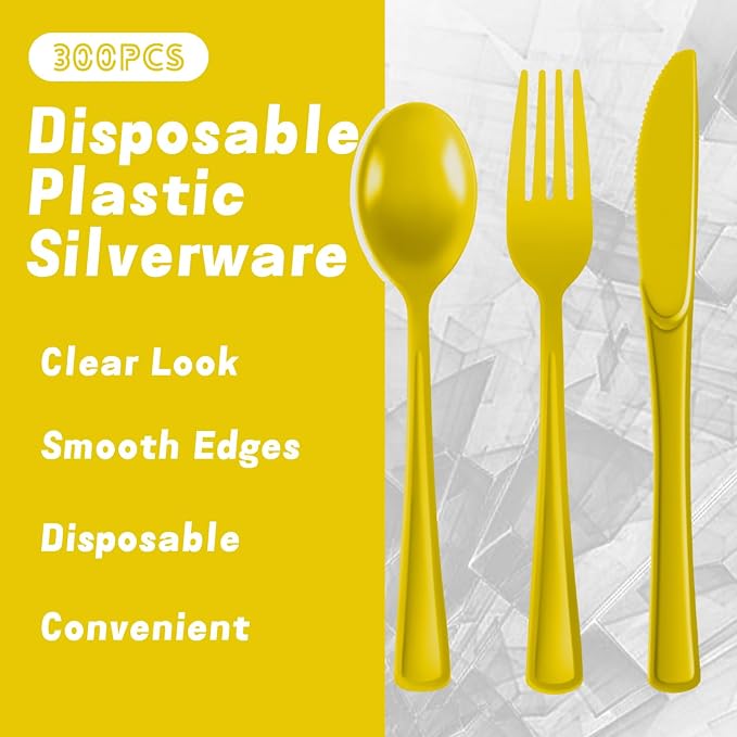 Plastic Silverware 300 PCS Disposable Silverware Heavy Duty Utensil Sets 100 Of Each Forks Knives & Spoons Disposable Cutlery Set For Easter,Birthday,Baby Shower,Garden Party,Wedding(300,Yellow)