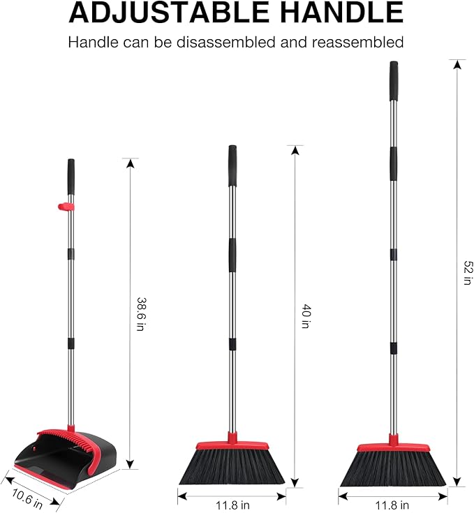 NACENA Broom and Dustpan Set & No Drill Self Adhesive Broom Mop Holder Wall Mount with Hooks 52-in Long Adjustable Handle Broom Dustpan Combo