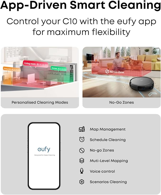 eufy Like-New C10 Robot Vacuum Self Emptying, 8 Weeks Hands Free, Advanced Smart Mapping with LiDAR Navigation, 2.85-Inch Slim Design, Powerful Suction, Edge Expansion Brush for Pet Hair（Renewed）