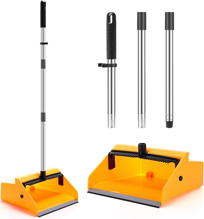 Didaey 1 Pcs Commercial Dustpan with Comb 38” Long Handle Upright Heavy Duty Dust Pan Outdoor Indoor for Courtyards Garages Lobby Mall Market Market Floors Office Pet Hair Rubbish Cleaning (Yellow)