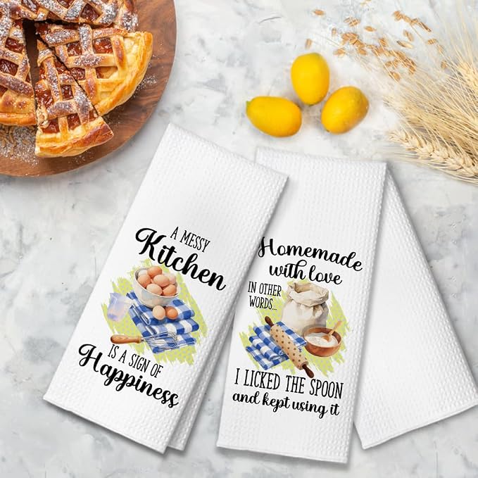 A Messy Kitchen is A Sign of Happiness Kitchen Towels 2 Pack, Towels Set for Housewarming, Thanksgiving Housewarming Gifts for Wife Neighbor Mom Friends, Cooking Lovers Gifts Ideas