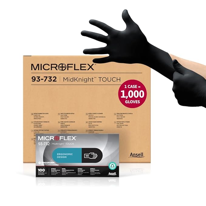 Ansell MICROFLEX MidKnight Touch 93-732 Disposable Nitrile Exam Gloves for Auto, Tattoo, Dentistry, Catering, 4.3 mil - XXL, Black (Case of 90)