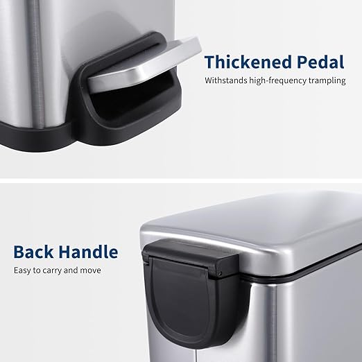 Garvee Small Bathroom Trash Can with Lid, 10 Liter / 2.6 Gallon Stainless Steel Garbage Can with Removable Inner Bucket & Step Pedal, Slim Metal Trash Bin for Toilet, Bedroom, Kitchen, Office, Silver