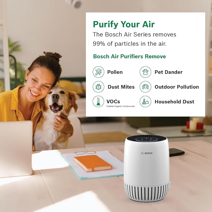 BOSCH Air Purifier for Home, Small Spaces (Covers, 500-sq ft), 2-in-1 Filter for Pollen, Smoke, Dust, Dander, Outdoor Pollution, Odors, Air 500, White
