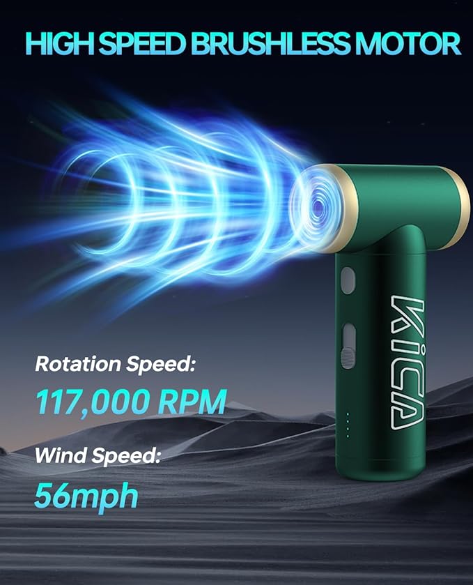 Compressed Air Duster-KiCA JetFan 2S Electric Air Duster,117000 RPM Rechargeable Cordless Air Blower for Cleaning Keyboard&PC, Jet Dry Duster with New Extreme Mode, Metal Shell-Green