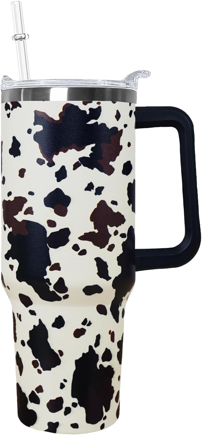 Ceovfoi 40 Oz Cow Print Tumbler With Handle,Cow Print Coffee Travel Mug Cup Water Bottle,Cow Print Decor,Cow Print Gifts for Women