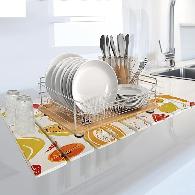 Large Stone Drying Mat for Kitchen Counter,24x16 Inch Fast Drying & Super Absorbent Diatomaceous Earth Sink Mat, Collapsible Dish Drying Stone for Dishes, Bottles, Cups, Matches Any Countertop
